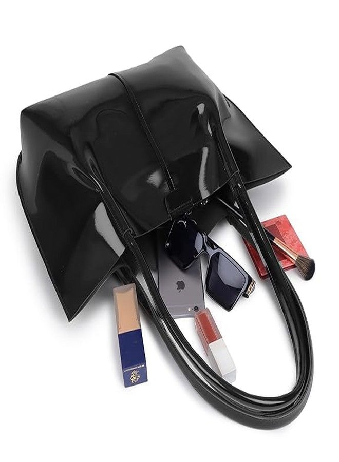 AKSUTI Casual Patent Synthetic Leather Tote Bag for Women - Stylish Handbag, Spacious, Durable & Versatile Shoulder Bag (Black) - Image 3